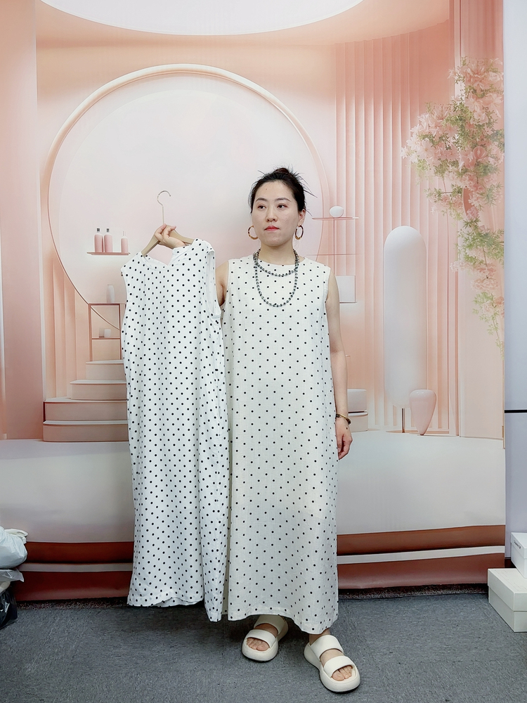【婵阅】100han麻波点连衣裙·白色