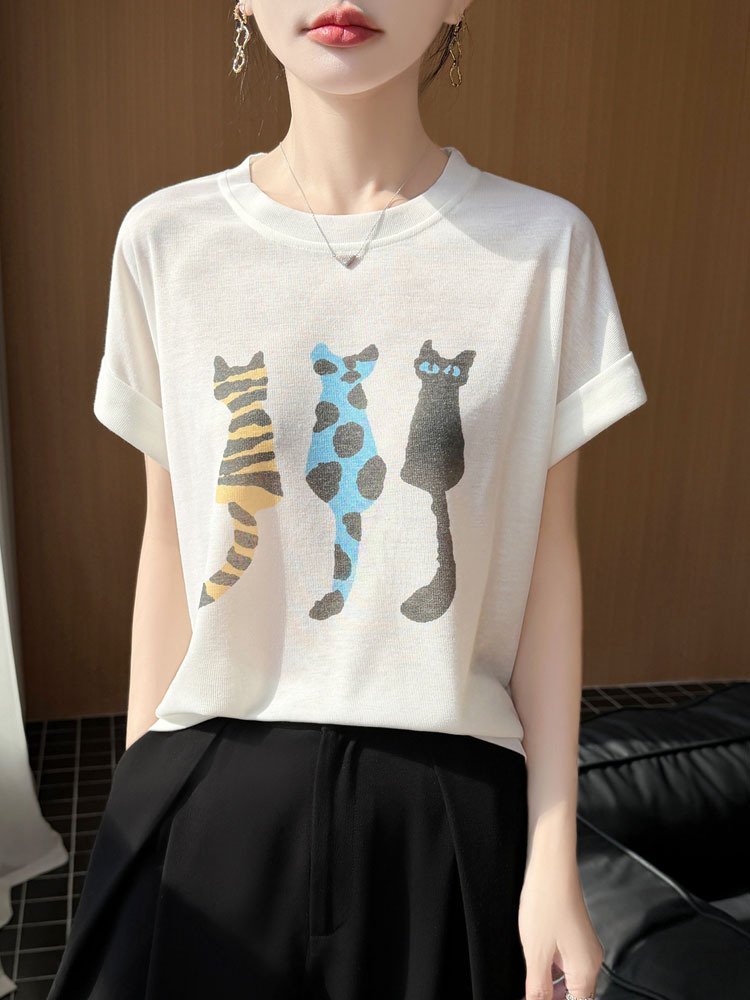 新款高支精纺莱赛尔透气多彩挽袖设计显瘦短袖·猫咪-白色