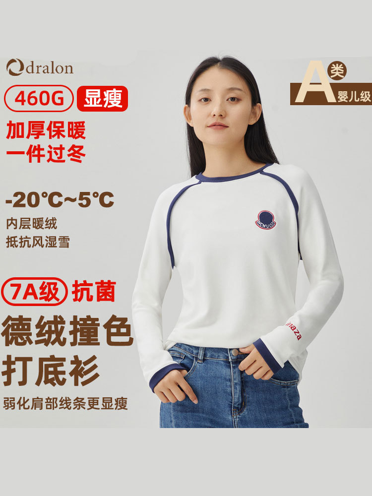 460ggA类加厚德绒圆领撞色刺绣插肩袖保暖上衣打底衫7223#·藏蓝