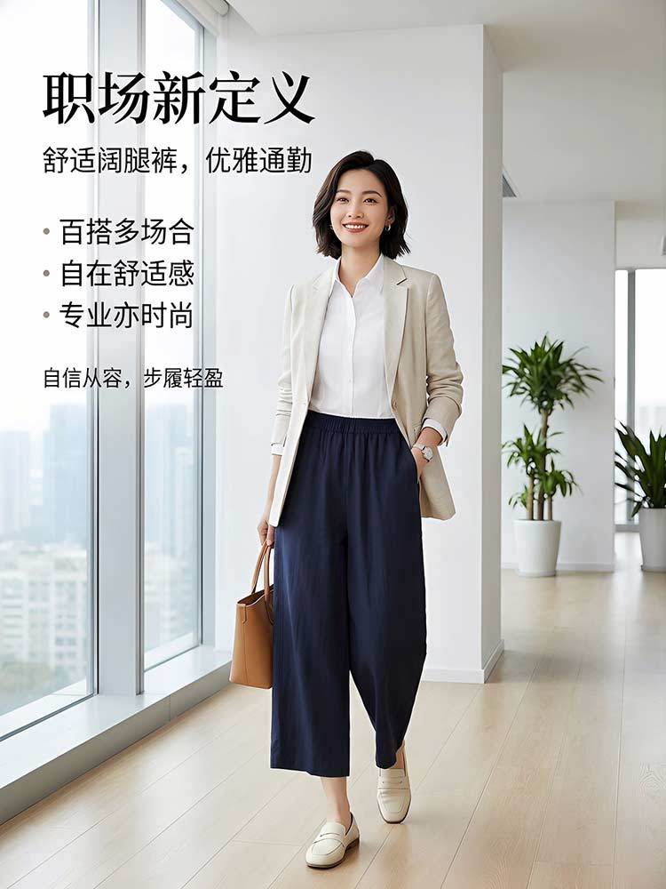 天丝亚麻松紧高腰九分裤微阔直筒裤9221#·米白色