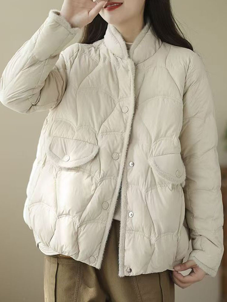 丁摩 复古文艺水貂毛相拼立领小香风轻羽绒外套TN2502·米白色