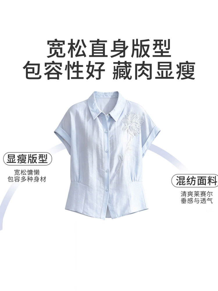 清新感刺绣百搭短袖衬衫上衣9635#·晴空蓝