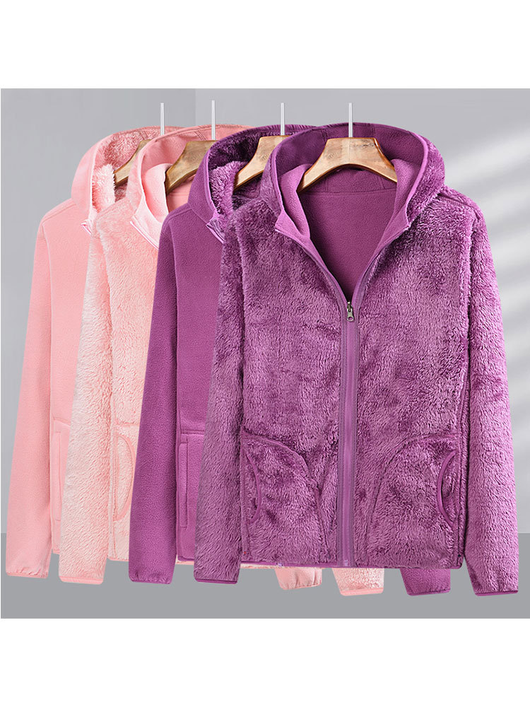 【双面绒】摇粒绒珊瑚绒加厚连帽拉链外套·紫色