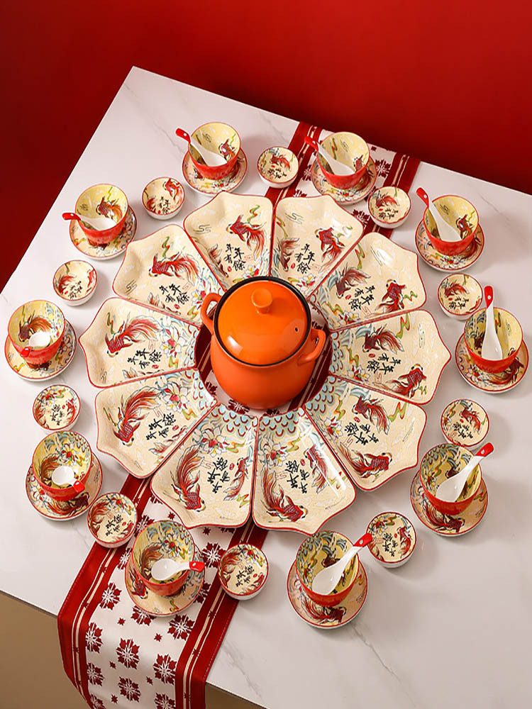 国潮风年年有余扇形陶瓷年夜饭团圆拼盘餐具套装（直径70cm)·皇冠40件套（砂锅）