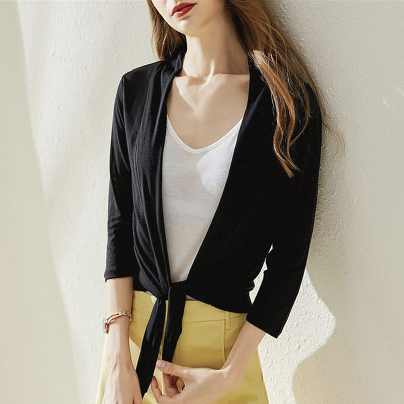 丁摩 夏季天丝羊毛超细薄款空调衫针织小开衫M20·黑色