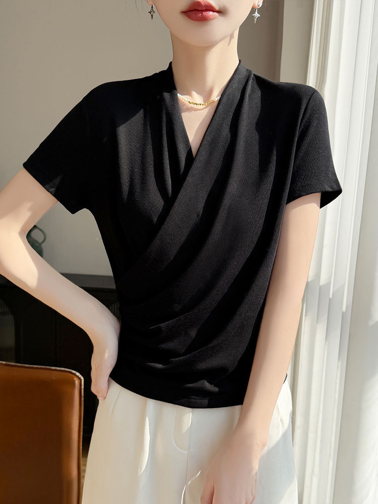 【爆款特价】精纺莱赛尔法式V领交叉气质时尚短袖·高级灰