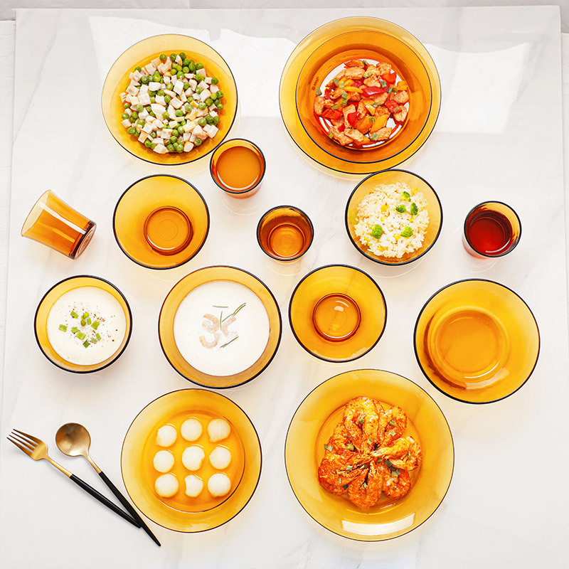 法国多莱斯玻璃餐具四人15件套-配沙拉碗水杯夏季高人气组合-多款多色·琥珀色  琥珀色