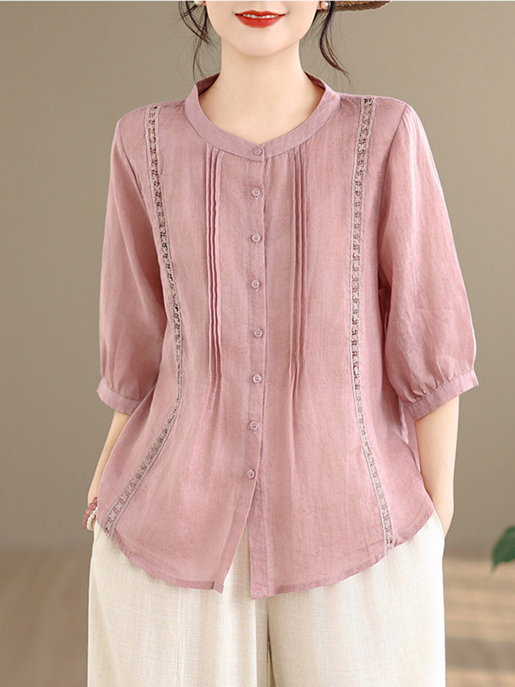 棉麻镂空刺绣文艺减龄宽松显瘦七分袖上衣·桔色