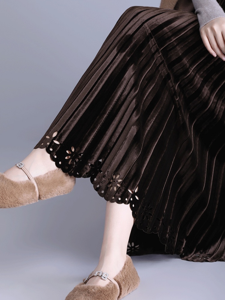 梦卓旋镂空花金丝绒百褶半裙ZS9389·咖色