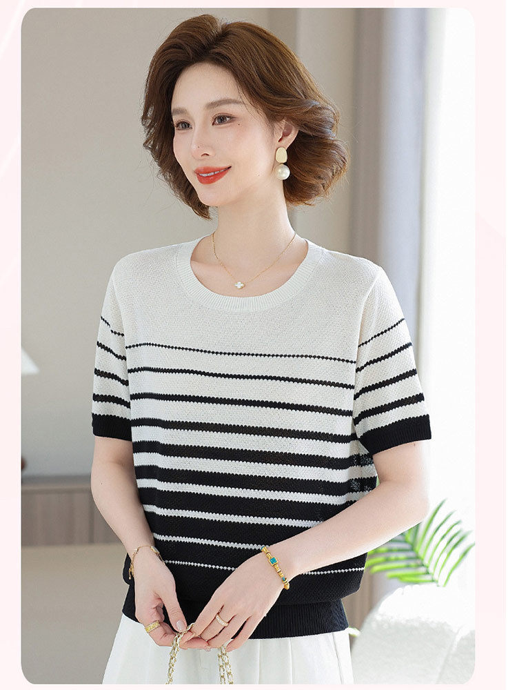 欧奈丝 女士大码经典条纹气质短袖冰麻衫6158915·深咖色