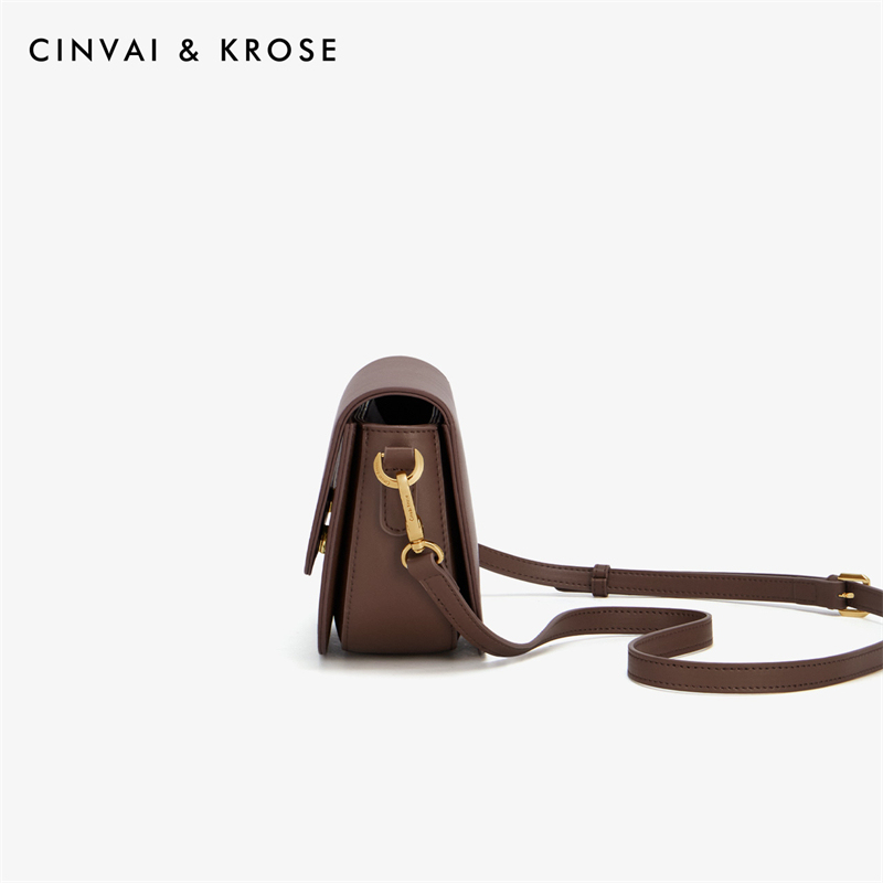 CinvaiKrose 牛皮马鞍包女包包斜挎百搭单肩包女式包B6507·咖啡色
