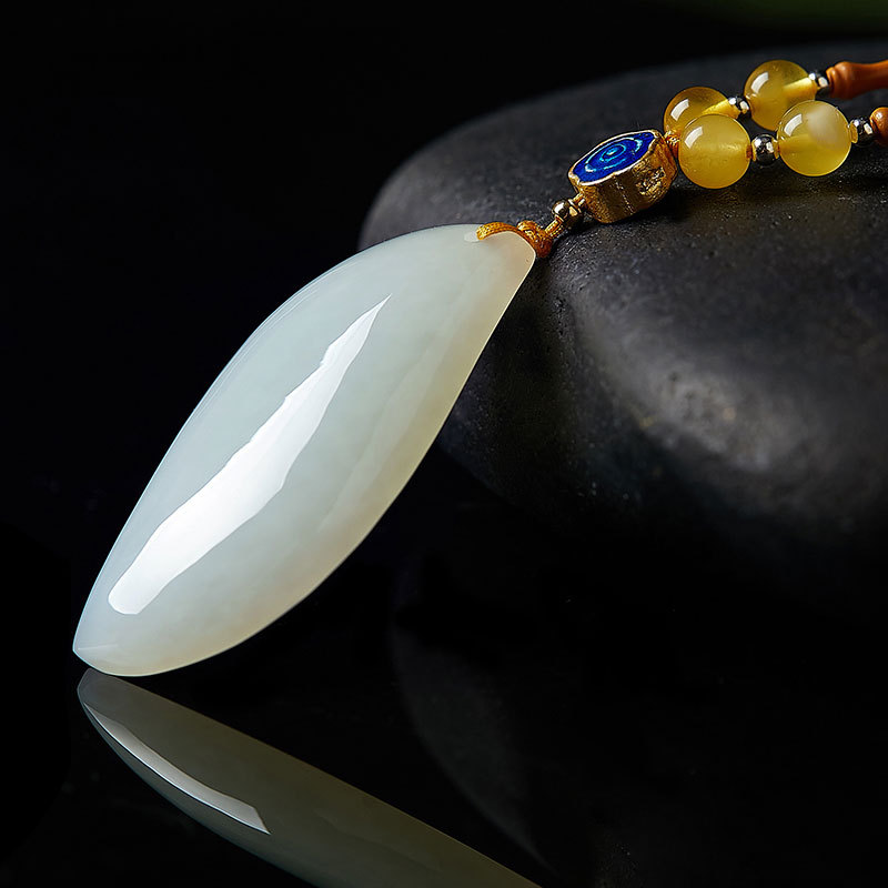 玉真了和田玉白玉随形柳叶吊坠/项链