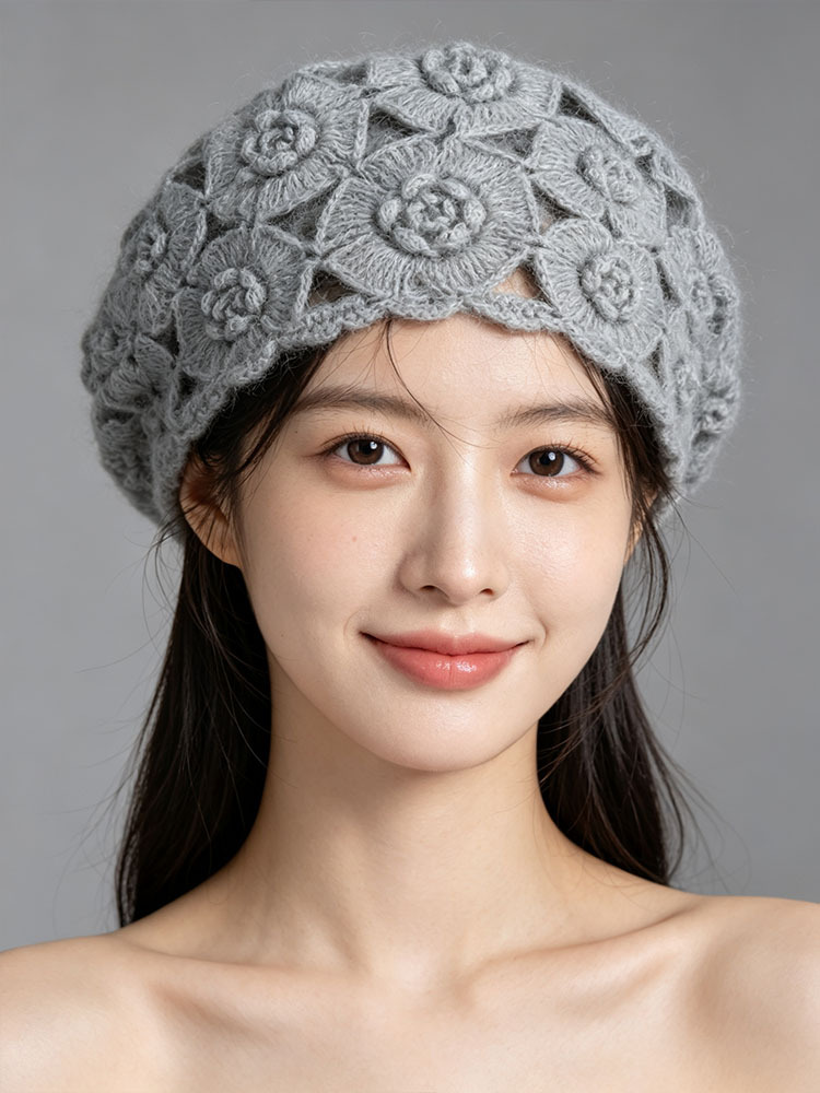 【溯源认证】锦马海毛手工钩针贝雷帽A55M9059YY·灰色