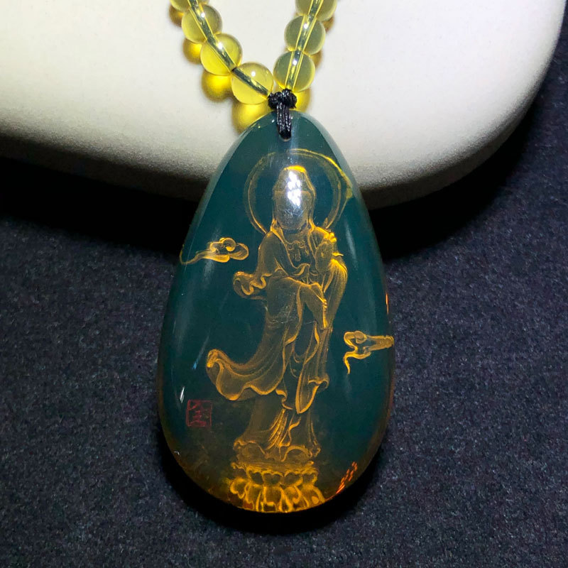 京城尚御坊精品蓝珀阴雕观音吊坠项链