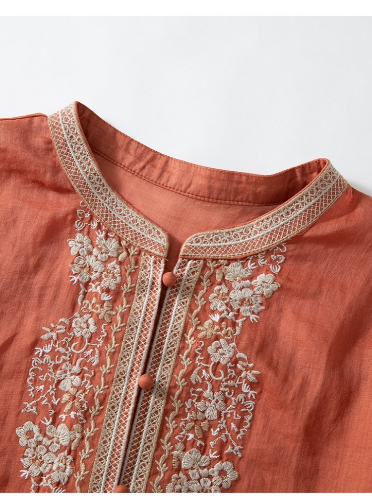 【100苎麻】可风各刺绣七分袖衬衫63052·藏青色