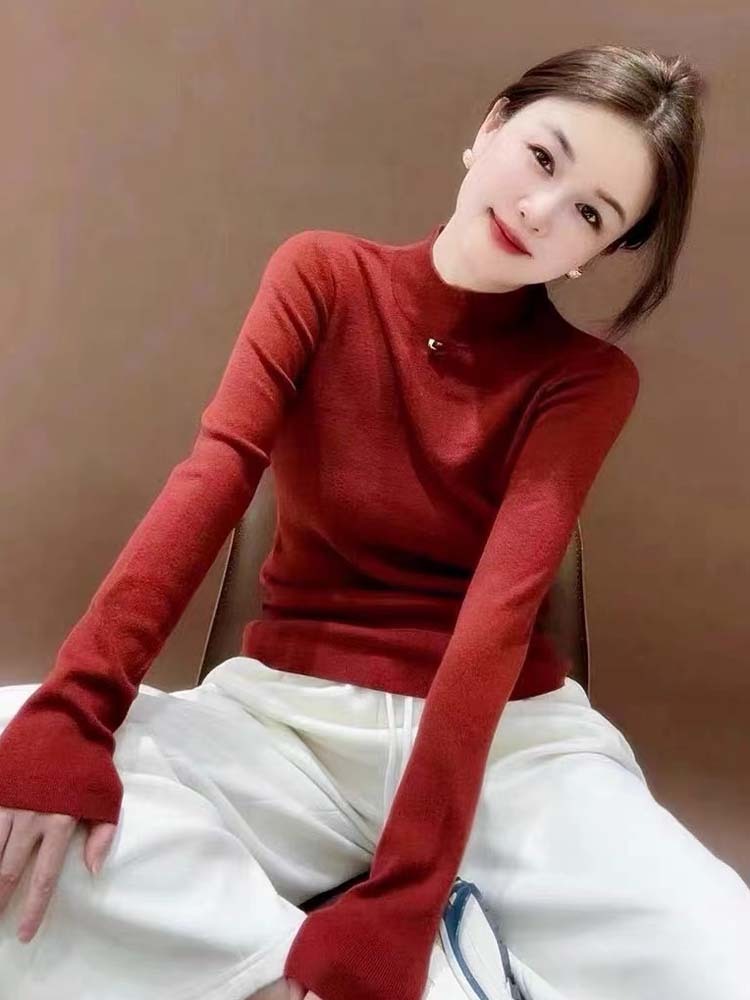 米彩微姿 女士冬季半高领精纺羊毛打底衫·红色