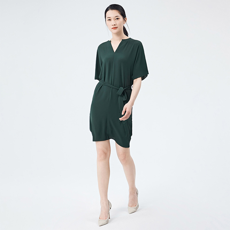 [质数1]女士V领短袖系带连衣裙·浅墨绿