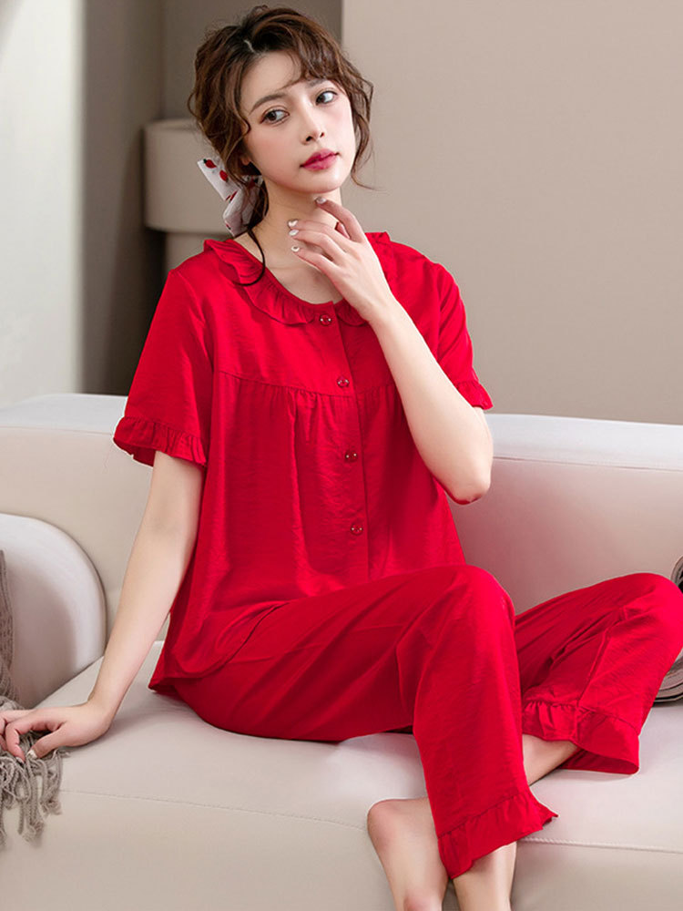 婵阅新款睡衣天丝棉女士舒适花边家居服短袖长裤开衫套装·22155-白色