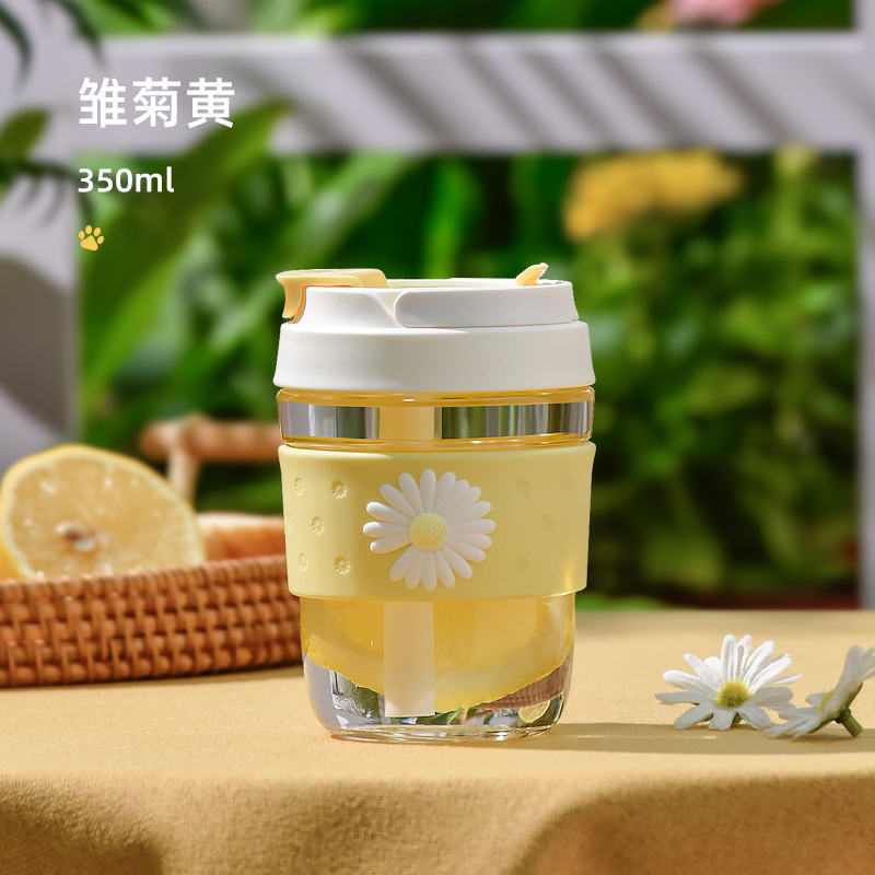 英国Vanow玻璃水杯新款带吸管泡茶咖啡杯350ml·VO-RZ35-BS雏菊黄