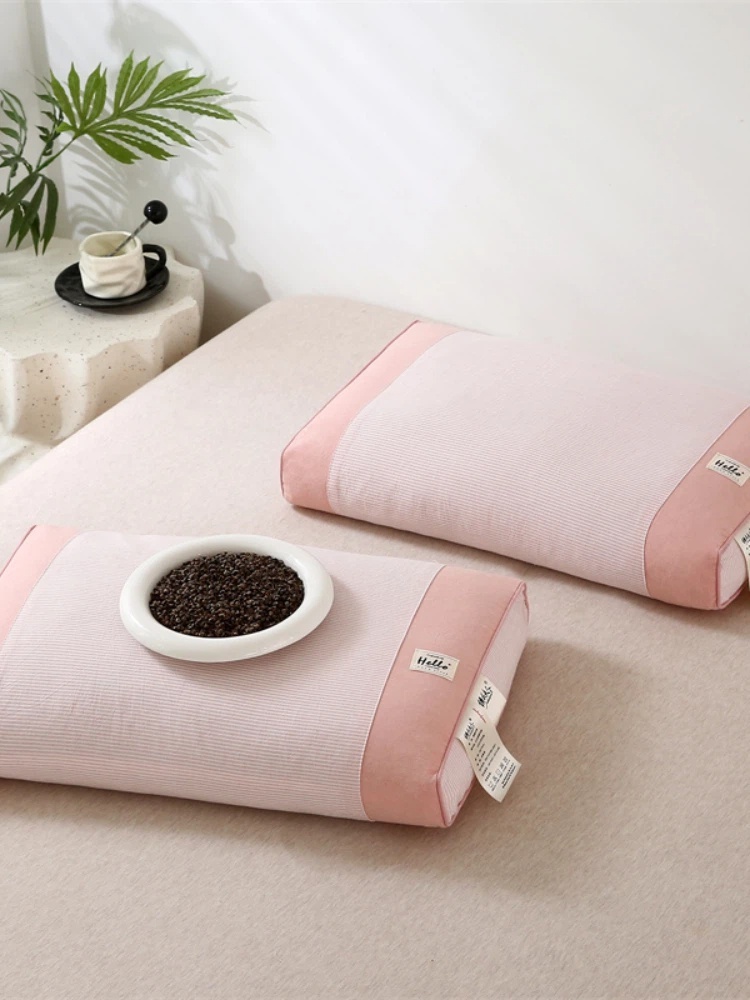 2只全棉简约条纹款荞麦枕头枕芯·粉色