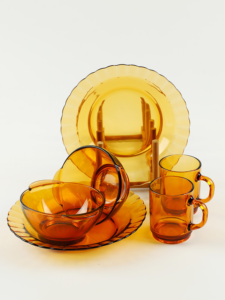 DURALEX法国多莱斯 钢化玻璃家用碗碟盘子2人6件套马克杯花纹盘款·琥珀色