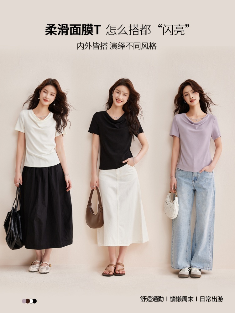 【羊绒触感】修娴高级感荡领修身T恤W34·黑色