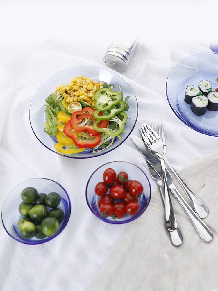 法国多莱斯钢化玻璃餐具双人四件浅蓝色玻璃碗玻璃盘