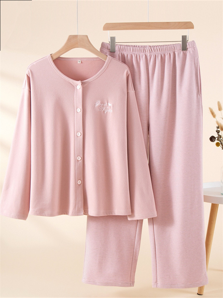 棉朵妮德绒刺绣圆领AB版长袖长裤套装女·粉色