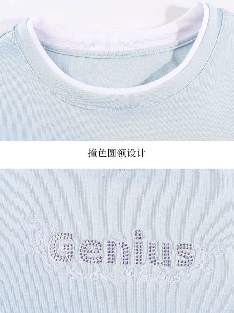 【92精梳棉】轩凌子烫钻撞色T恤XS82620235·淡蓝色
