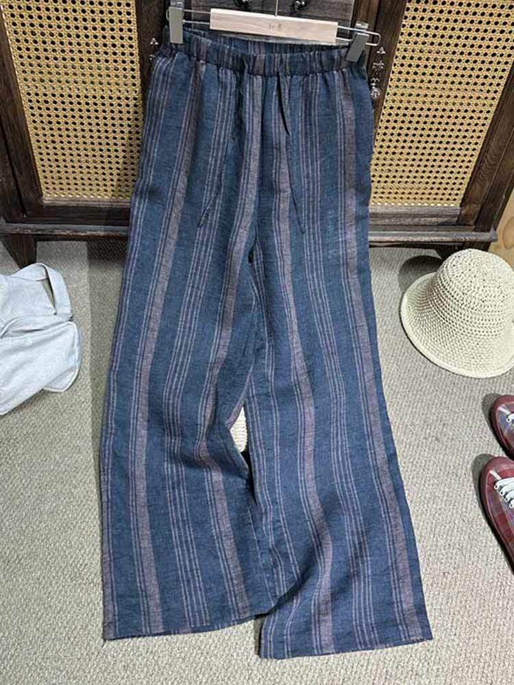 婵阅专柜高货色织亚麻松弛感条纹阔腿休闲裤·5507-灰条纹
