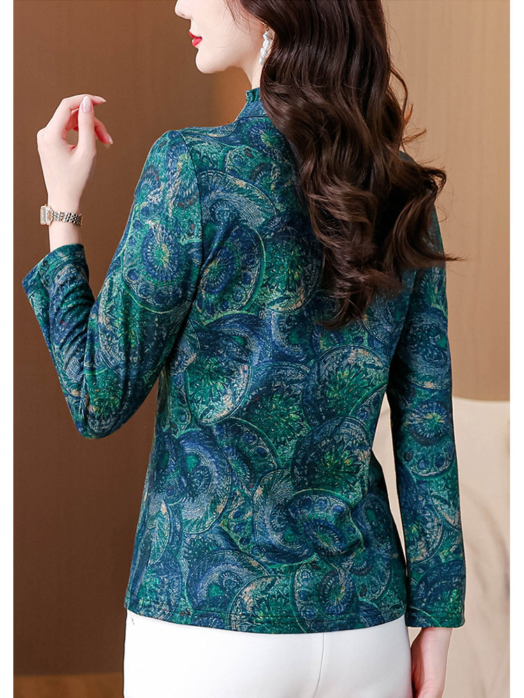 时尚印花木耳领澳绒保暖气质显瘦百搭上衣·绿花色