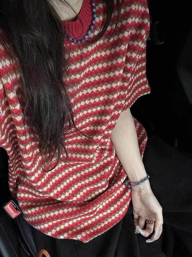 婵阅专柜高货柜700+【清仓福利】红色条纹针织短袖·红色