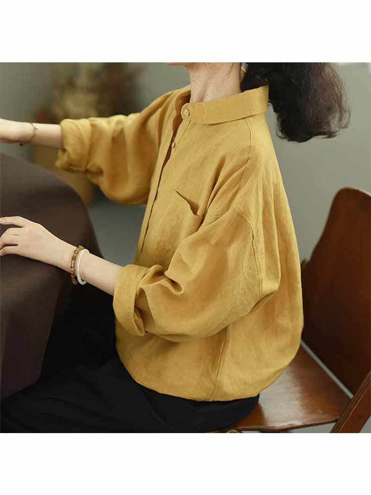 婵阅专柜高货柜6000+宽松休闲细支亚麻翻领长袖衬衫·24182-沙岩黄