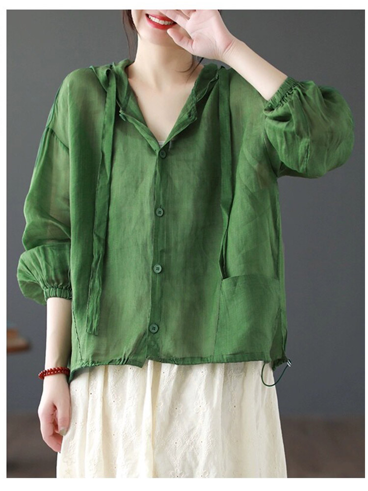 棉麻透气宽松百搭防晒连帽开衫·绿色