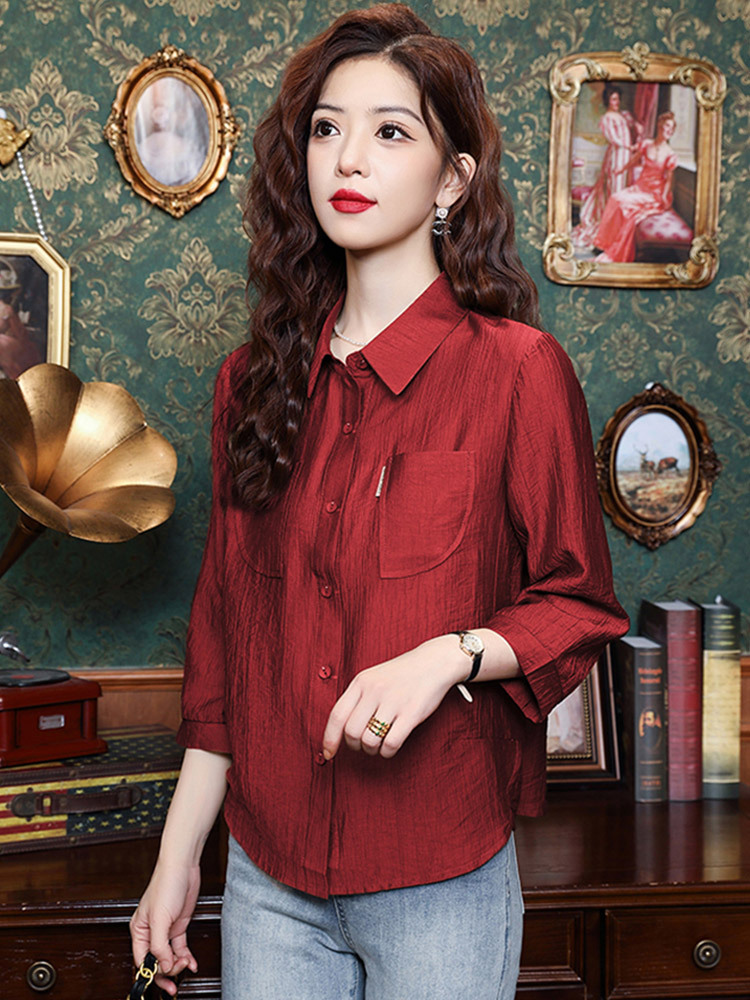 棉麻时尚设计风高级感宽松衬衣·砖红七分袖