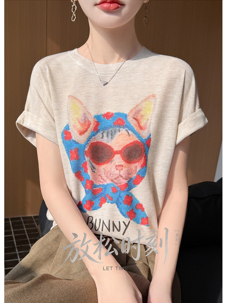 新款印花精纺莱赛尔宽松透气挽袖设计显瘦短袖·杏色