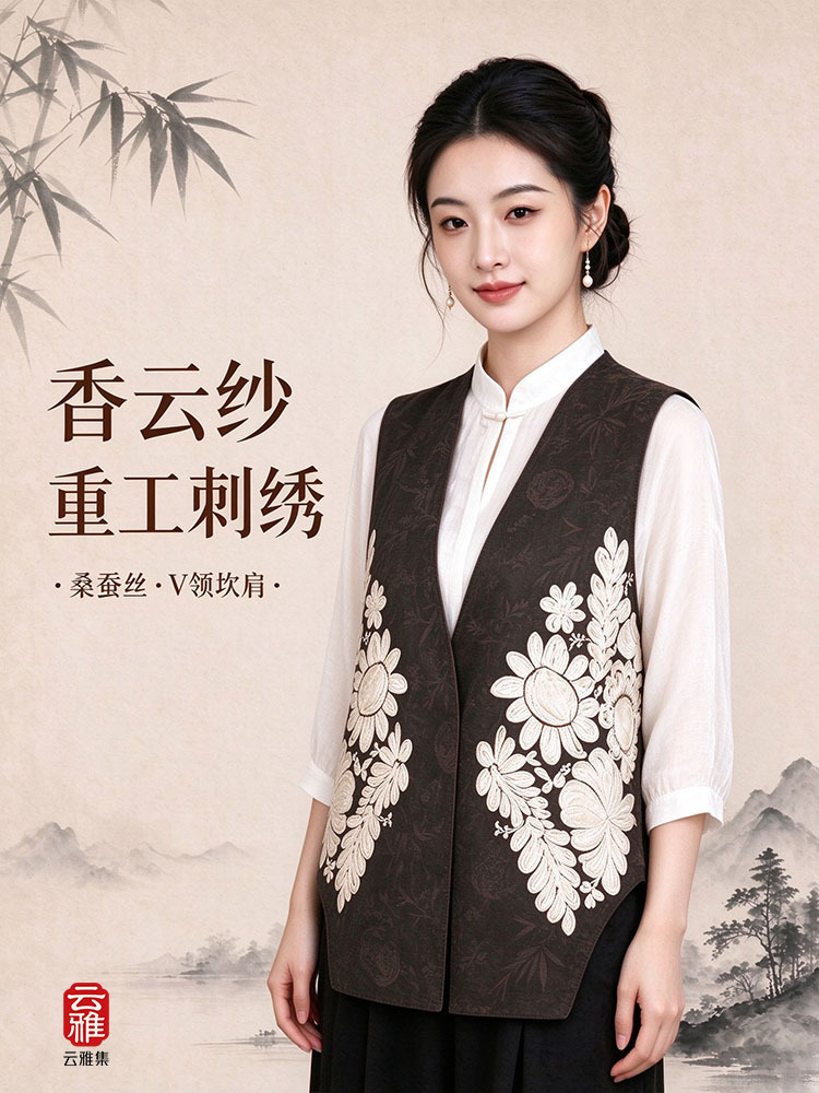 锦纯桑蚕丝香云纱刺绣马甲JCYJ20260339·咖色