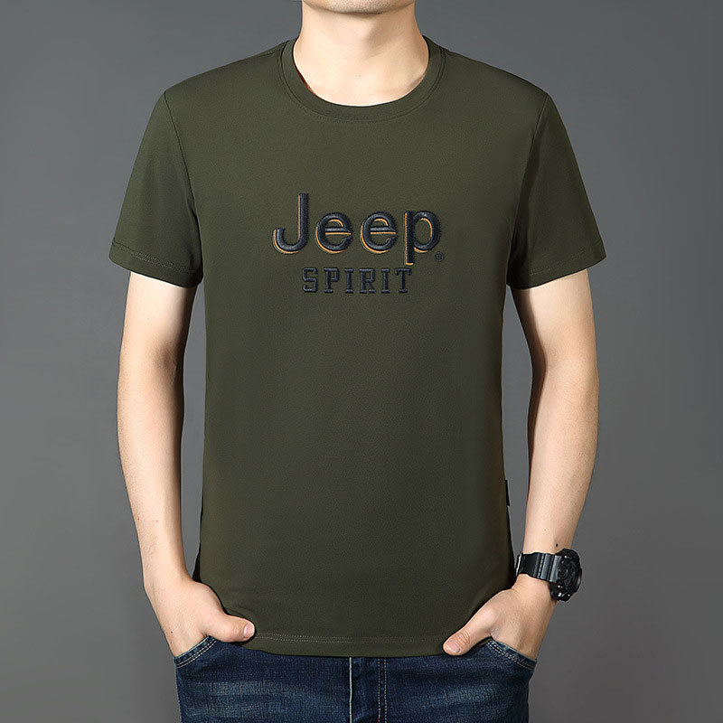 JEEP SPIRIT新款夏季圆领宽松大码纯色短袖t恤8005·军绿色