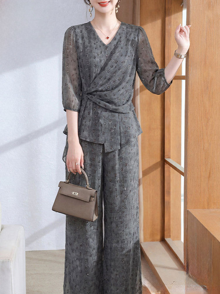 高级雪纺收腰系带七分袖小衫阔腿裤套装9606#·高级灰