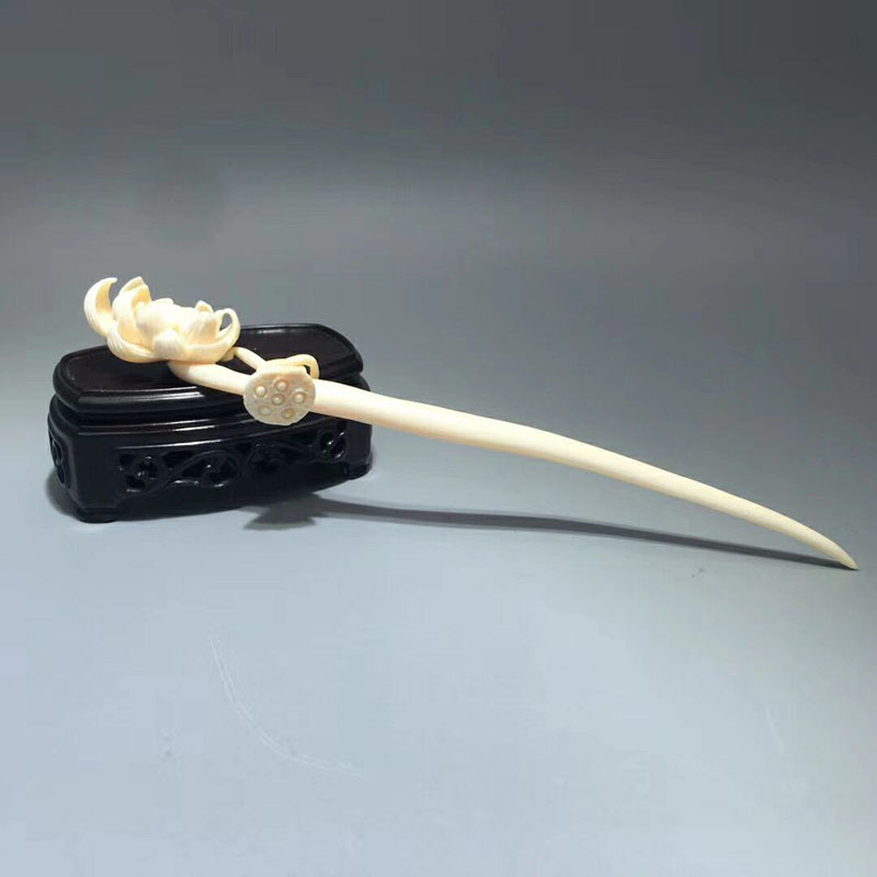 老冯记猛犸象牙精工莲花发簪优雅古国风十足上身古朴典雅大师手工精雕