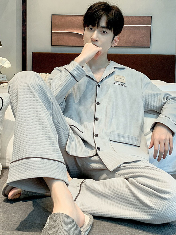 雀说 华夫格睡衣男士春秋款开衫家居服套装·H8602