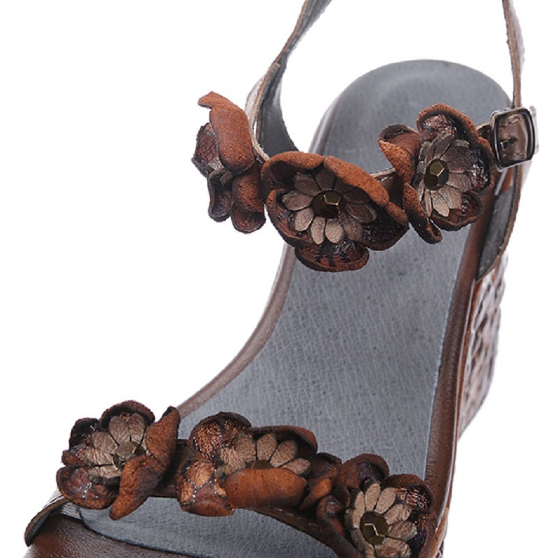 AFW头层牛皮手工花朵复古厚底轻便凉鞋1913-915·咖啡色