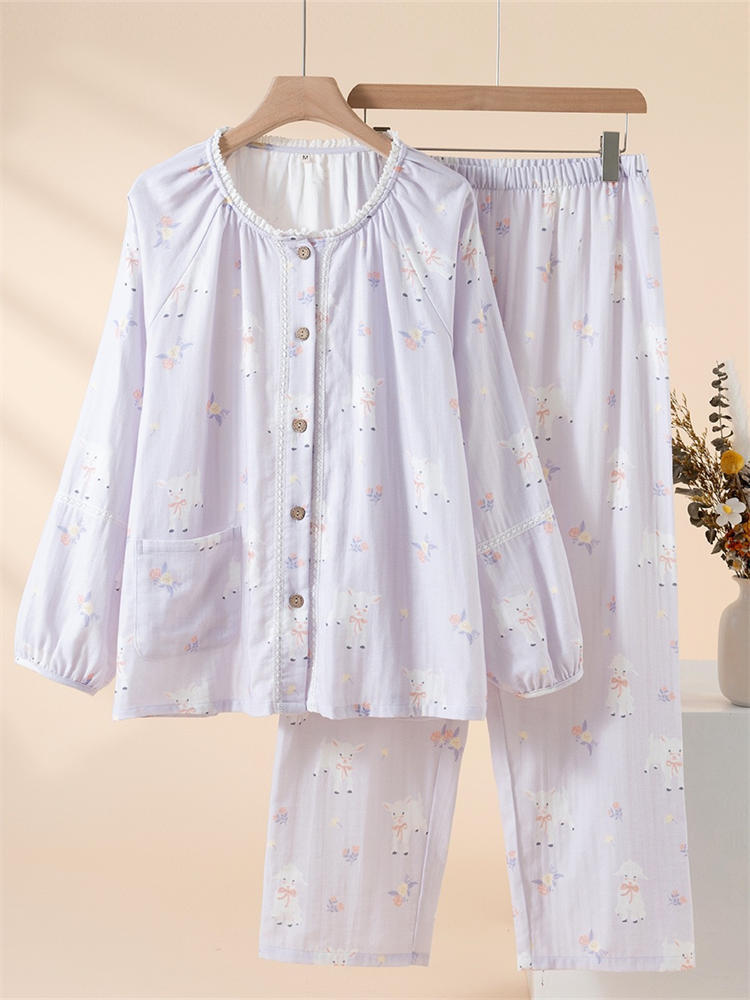 26年早春新品棉朵妮纱布花丛小羊羔插肩长袖长裤套装女·花丛小羊羔紫