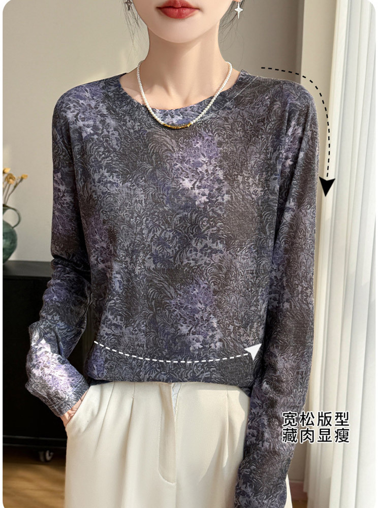 精纺莱赛尔透气水墨印花长袖防晒上衣·灰紫色