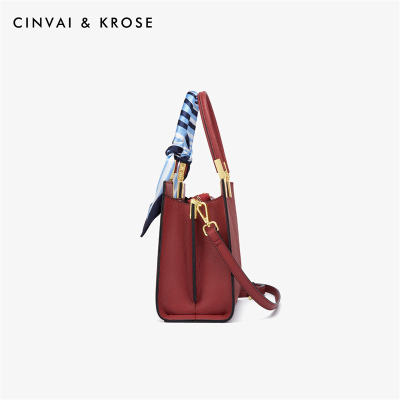 CinvaiKrose 手提包女牛皮包包新款高级感婚包斜挎包女包单肩包C6391·红色