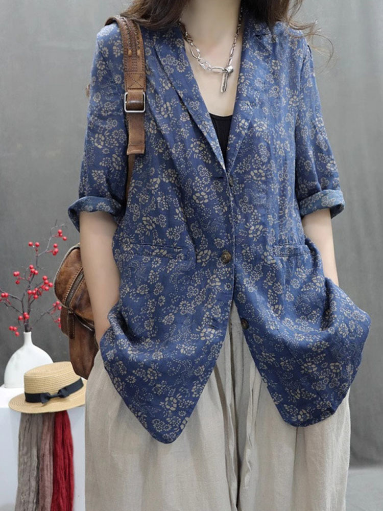 雀说苎麻混纺印花复古中袖休闲西服9066·蓝小花