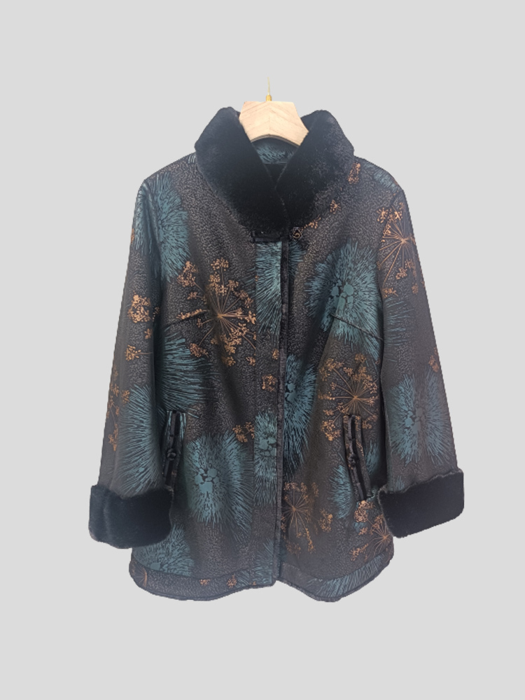 伊俪佳人浪漫烫金印花加绒外套·绿烟花