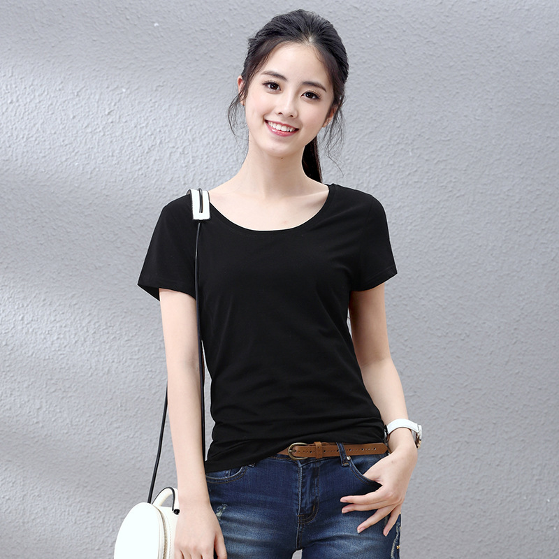 艾路丝婷新款夏季女装短袖t恤女式圆领纯色上衣女士打底衫3561·黄色