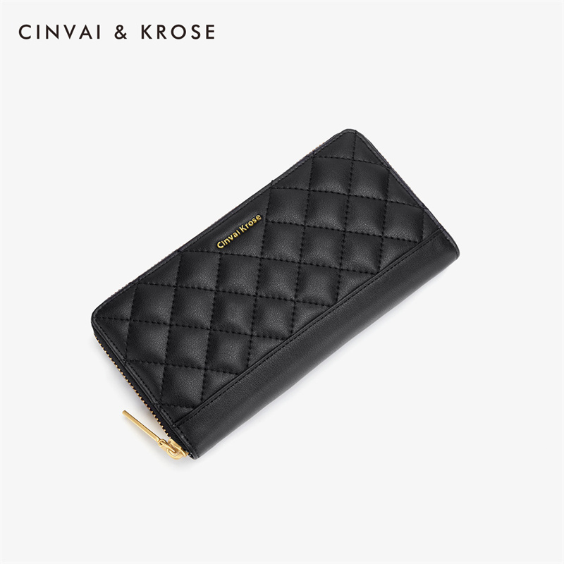 CinvaiKrose 牛皮钱包女长款爆款小众设计卡包零钱包K6205·黑色