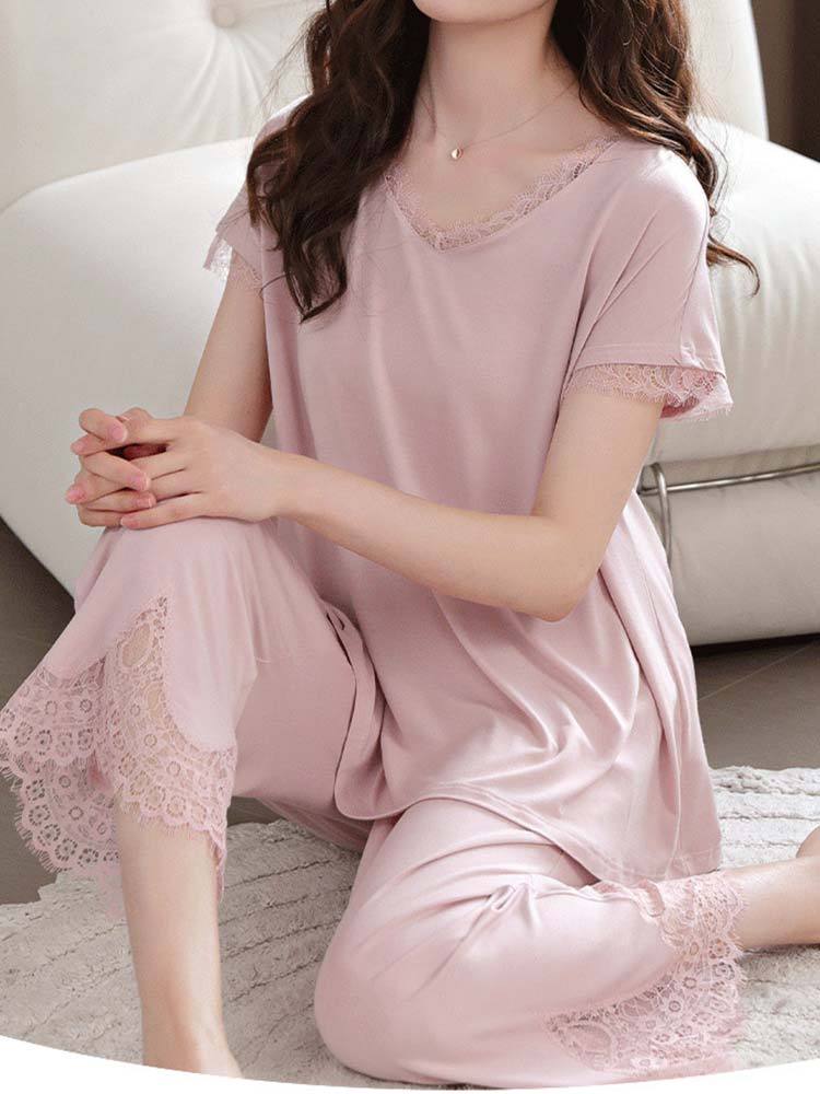 婵阅专柜高货柜700+莫代尔棉绸短袖长裤大码家居服套装·6690-粉色